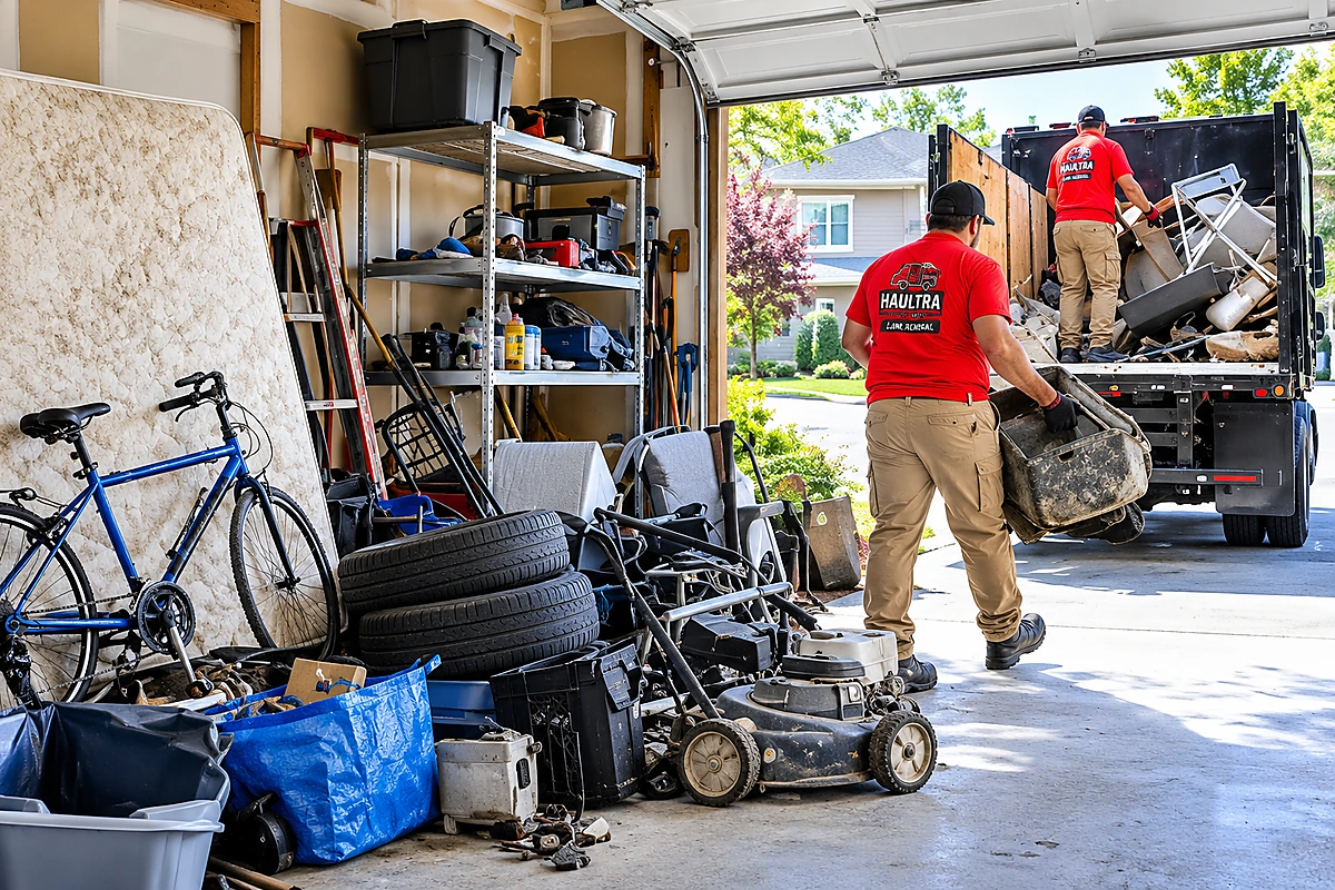 Professional junk removal workers clear bulky furniture, equipment, tires, and other unwanted items from a garage as part of a specialty removal service.