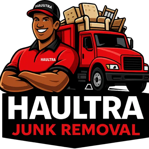 Haultra Junk Removal logo featuring a professional junk removal worker and red removal truck.
