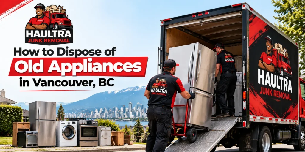 Haultra Junk Removal team loading an old refrigerator and household appliances into a junk removal truck in Vancouver, BC.