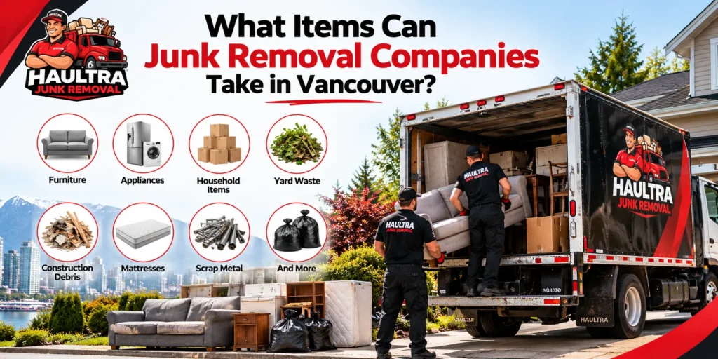 Haultra Junk Removal truck and workers collecting furniture, appliances, household items, yard waste, construction debris, mattresses and scrap metal in Vancouver.